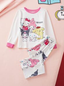 HELLO KITTY AND FRIENDS | SHEIN Young Girl Cartoon Pattern Long Sleeve Top And Pants Casual Daily Home Pajama Set - Multicolor - View 1