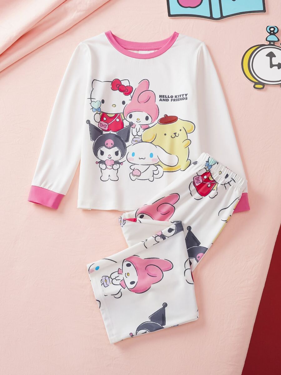 HELLO KITTY AND FRIENDS | SHEIN Young Girl Cartoon Pattern Long Sleeve Top And Pants Casual Daily Home Pajama Set - Multicolor - View 1
