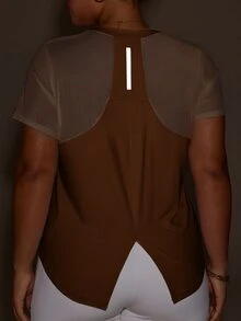 SHEIN Rhythm Era Kaos Olahraga Fashion Wanita Ukuran Besar dengan Leher Bulat dan Lengan Pendek Model Raglan - Coffee Brown - View 6