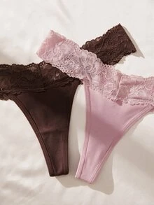 SHEIN 6件裝蕾絲腰帶低腰女款丁字褲 - 彩色 - 查看 4