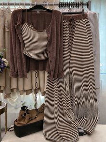 SHEIN Women's Knitted Solid Color Cardigan With Front Button Closure, Striped Slim Fit Camisole With Drawstring Detail, Elegant Casual Commute Daily Outing Pants 3 Pieces Set - Brown - View 1
