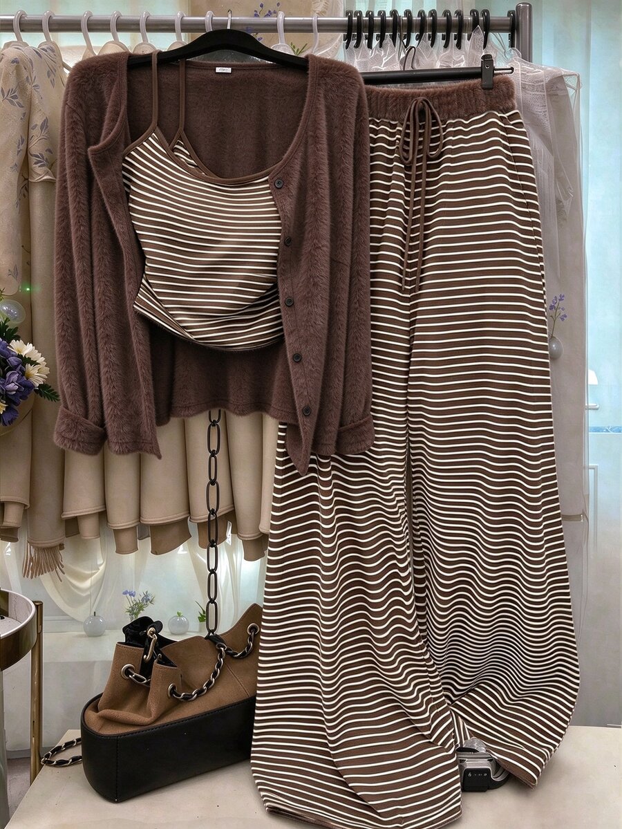 SHEIN Women's Knitted Solid Color Cardigan With Front Button Closure, Striped Slim Fit Camisole With Drawstring Detail, Elegant Casual Commute Daily Outing Pants 3 Pieces Set - Brown - View 1