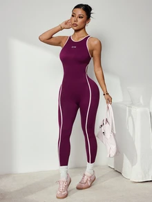 Slayform Women's Seamless Colorblock Sexy Open Back Tank Top & Line Colorblock Long Pants Sports Jumpsuit, Suitable For Yoga, Workout, Running - Red Violet - View 1