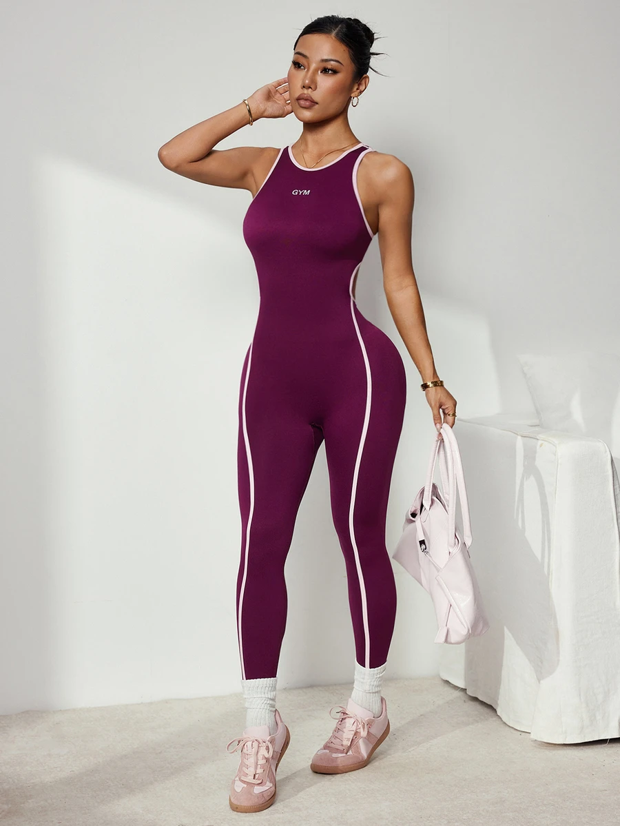 Slayform Women's Seamless Colorblock Sexy Open Back Tank Top & Line Colorblock Long Pants Sports Jumpsuit, Suitable For Yoga, Workout, Running - Red Violet - View 1