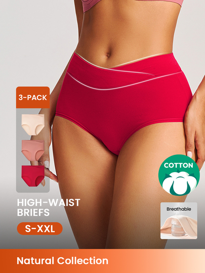 LUVLETTE 3-Pack Cotton High Waist Briefs Women Underwear Panties Set-Red