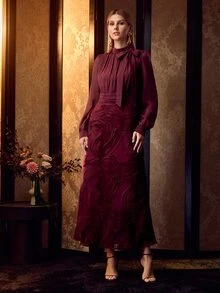 MOTF PREMIUM FLOWY TEXTURED FABRIC FASHION SLIMMING WAIST ELEGANT ELEGANT WOMEN'S DRESS - Burgundy - View 4