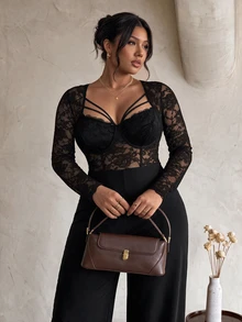 Firerie Plus Size Women's Lace Patchwork Sexy Elegant Everyday Party Cocktail Jumpsuit Halloween Black Jumpsuit For Women Fall/Winter Christmas & New Year - Black - View 6