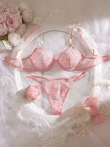 Crystal Vow Women's Romantic Embroidered Underwire Bra And Thong Panty 2-Piece Lingerie Set - Dusty Pink - View 1