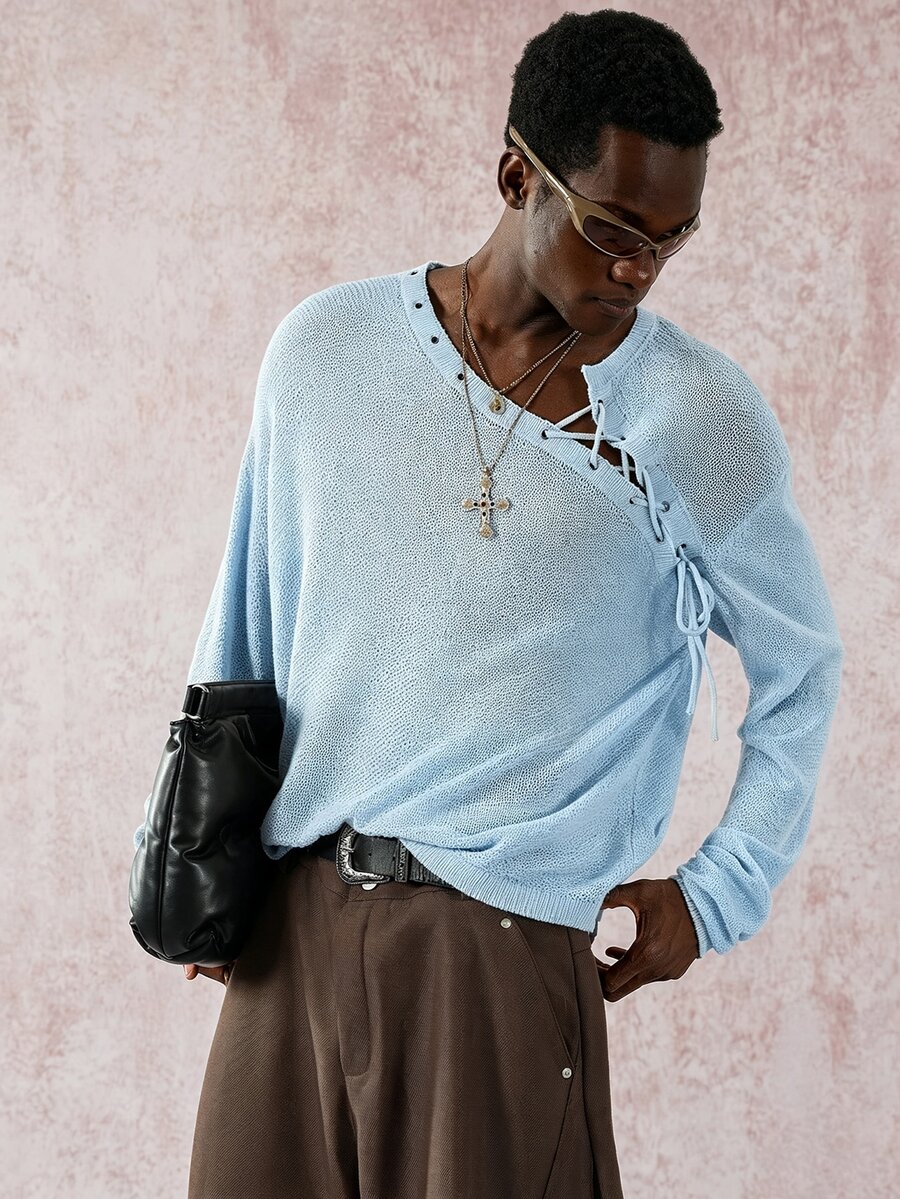 STYNVO Men's Loose Fit Eyelet Lace-Up Design Long Sleeve Sweater, Autumn, Fall - Baby Blue - View 1