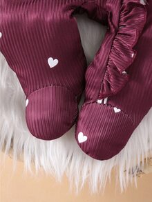 SHEIN Baby Girl 2pcs Ribbed Heart Print Footed Romper With Ruffle & Bow Hat Set, Soft Knit Autumn Daily Wear - Burgundy - View 6