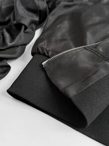 Maweii Plus Size Women Solid Color Pleated Long Sleeve Zipper Front Baseball Collar Cool Jacket - Black - View 8