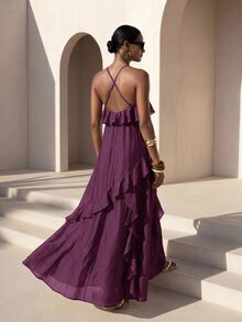 Zivah Women's Solid Color Multi-Layer Ruffle Fashion Vacation Spaghetti Strap Dress - Purple - View 2