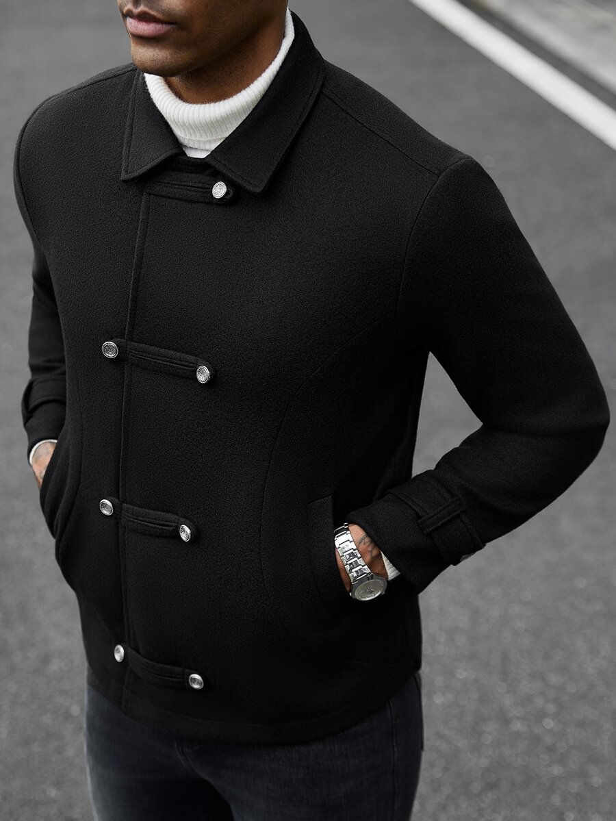 Manfinity CasualCool 男士成熟休閒純色羊毛黑色短夾克,假期禮物最佳選擇 - 黑色 - 查看 1