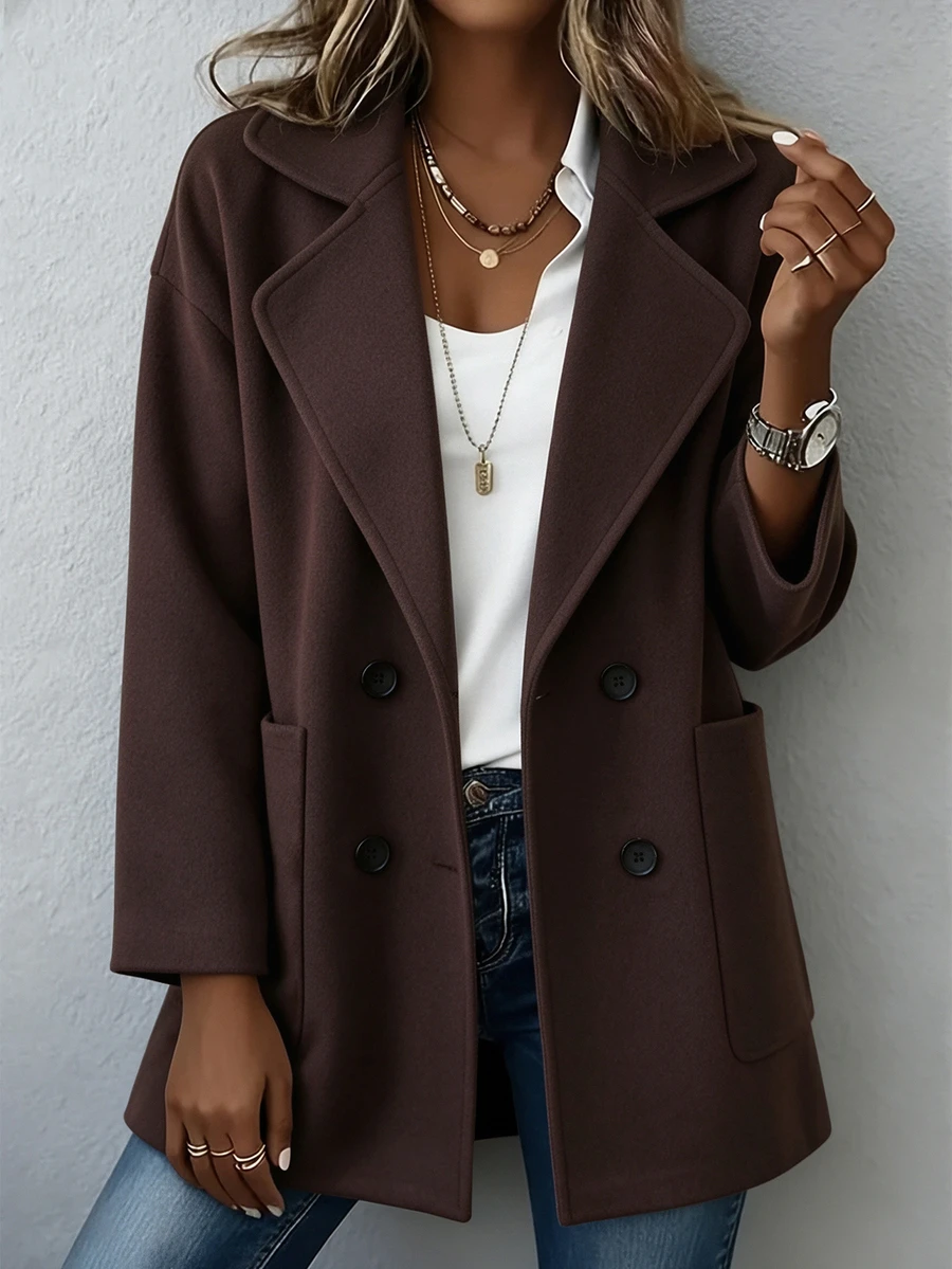 EMERY ROSE Women's Dark Brown Faux Wool Blend Blazer Coat, Lapel Double-Breasted Loose Mid-Length Silhouette, Minimalist Commuter Style, With Side Pockets, Suitable For Daily Wear And Office Commuting - Coffee Brown - View 1