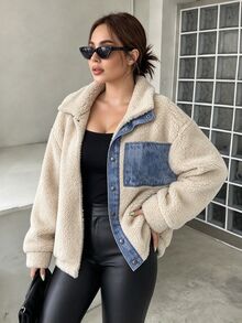 Easura Women's Plus Size Autumn/Winter Single Piece Denim Contrast Color Zipper Pocket Lamb Fleece Jacket, Loose Short Street Style Versatile Plush Jacket - Apricot - View 3