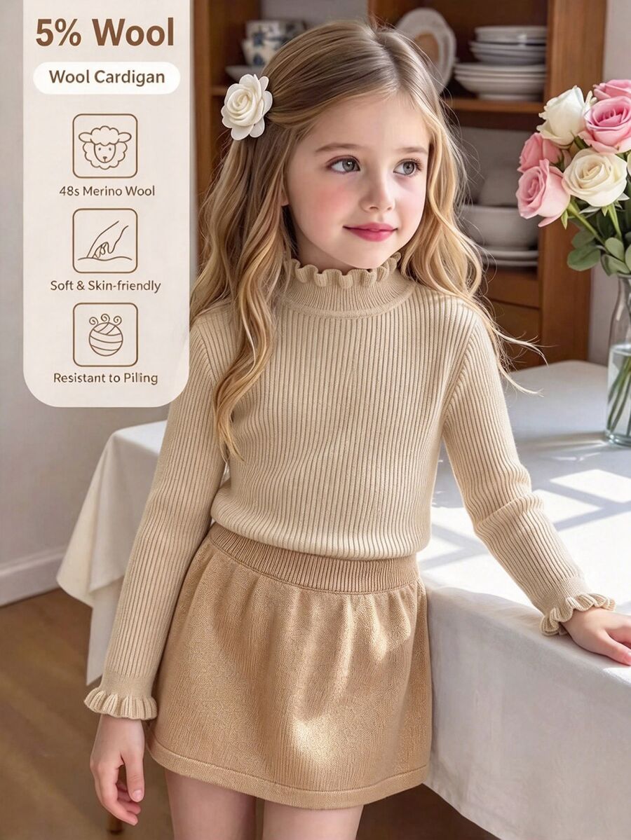 SHEIN Vintaside Kids 女童秋冬純色套頭高領荷葉邊修身內搭毛衣 - 駝色 - 查看 1