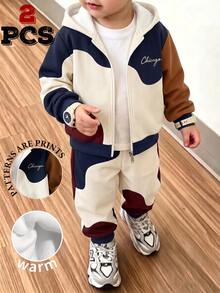 Young Boys Clothes Wave Color Block Chicago Letter Print Zip Up Hoodie Jacket And Jogger Pants Set Fall Winter Tracksuit 2Pcs Outfit - Multicolor - View 1