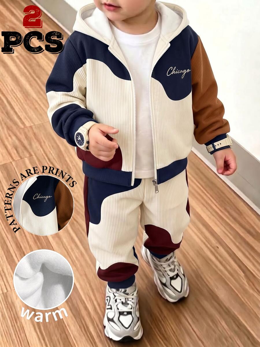 Young Boys Clothes Wave Color Block Chicago Letter Print Zip Up Hoodie Jacket And Jogger Pants Set Fall Winter Tracksuit 2Pcs Outfit - Multicolor - View 1