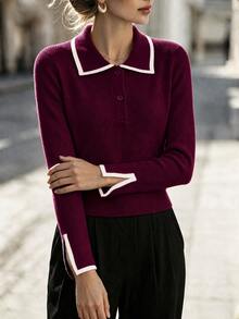 SHEIN Women's Colorblock Casual Daily Long Sleeve Sweater - Burgundy - View 5