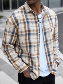 Manfinity CasualCool قميص جاكيت رجالي كاجوال بأزرار أمامية وجيب وأكمام طويلة بنقشة مربعات - متعدد الألوان - مشاهدة 1
