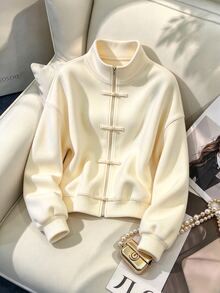 GlowEve CURVE Plus Size Women Solid Color Frog Button Placket Casual Long Sleeve Sweatshirt Winter - White - View 4
