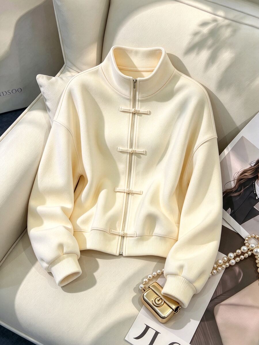 GlowEve CURVE Plus Size Women Solid Color Frog Button Placket Casual Long Sleeve Sweatshirt Winter - White - View 1