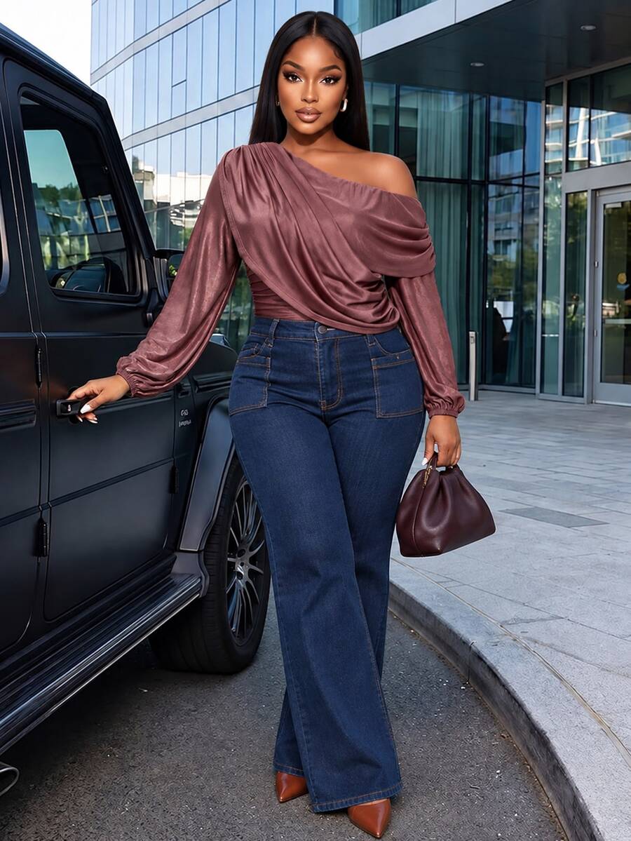 Poshavie Poshavie Plus Size Draped OneShoulder LongSleeve Top, Elegant Ruched OffShoulder Blouse, Casual Fitted Solid LongSleeve Top For GoingOut & Party - Mauve Purple - View 1
