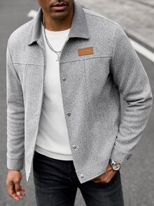 Manfinity CasualCool 男士 Ins 熱銷羊毛混紡夾克，燈芯絨領拼接設計，皮革貼布裝飾，成熟灰色羊毛面料，送給爸爸、丈夫、男友的萬聖節、聖誕節、新年禮物 - 淺灰色 - 查看 1