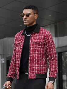 Manfinity CasualCool 男士休閒格紋拉鍊夾克，適合日常外出與朋友聚會，送給男友或丈夫的理想禮物，秋季風格，聖誕老錢風 - 彩色 - 查看 4