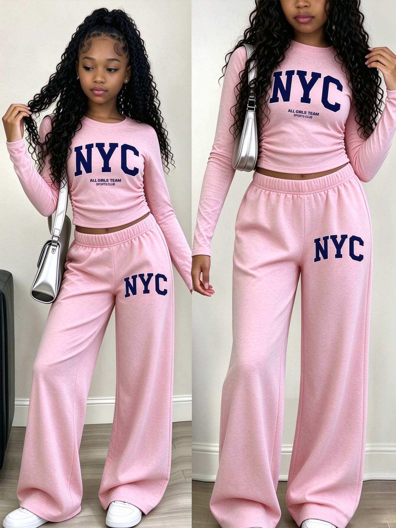 青少年女孩 2 件組 NYC 字母印花長袖上衣與寬腿長褲套裝,粉色海軍藍,秋季服飾 - 彩色 - 查看 1