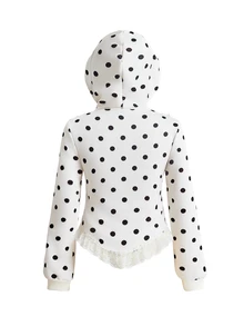 ROMWE Kawaii Women's Polka Dot Print Zipper Front Tie Hooded Sweatshirt - Apricot - View 2