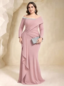 Coutiva Đầm dạ hội trang trọng trễ vai đính pha lê phong cách thanh lịch size lớn - Màu Hồng baby - Xem 1