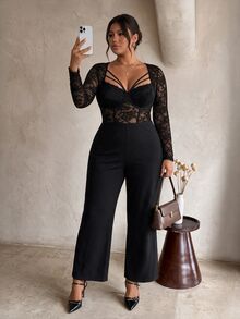 Firerie Plus Size Women's Lace Patchwork Sexy Elegant Everyday Party Cocktail Jumpsuit Halloween Black Jumpsuit For Women Fall/Winter Christmas & New Year - Black - View 3