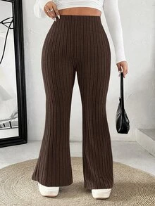 SHEIN EZwear 大尺碼女款素色開衩羅紋喇叭褲 秋季 - 巧克力棕 - 查看 3