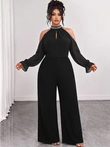 Femmeverse Plus Size Women's Patchwork Sequin Cold Shoulder Long Sleeve Elegant Wide Leg Jumpsuit - Black - View 3