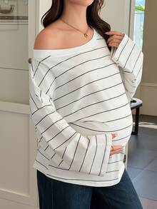 DAZY Loose Asymmetrical Shoulder Striped Top Casual Daily Vacation Spring Autumn Maternity T-Shirt - White - View 2