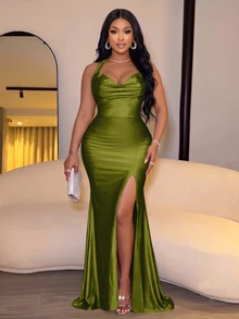 SOLERSUN Plus Size Women's Sexy Hooded Collar Pleated Long Dress With Backless Spaghetti Straps And High Slit Evening Gown - Army Green - View 3