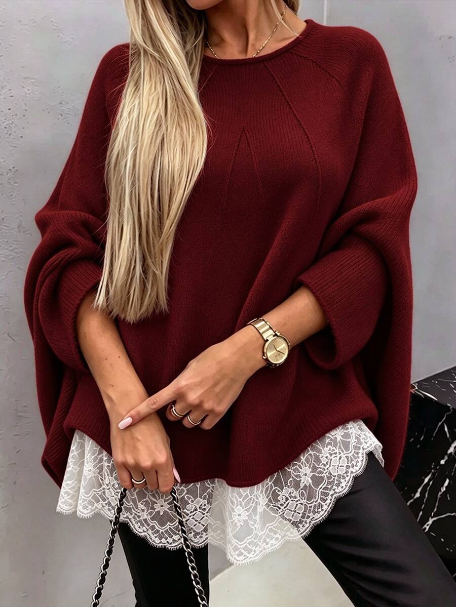 SHEIN كنزة نسائية بأكمام طويلة من الدانتيل المرقع، كاجوال متعددة الاستخدامات للارتداء اليومي، بلون المشمش، خريفية بأسلوب عصر النهضة، مناسبة للبرانش - عنابي اللون - مشاهدة 1