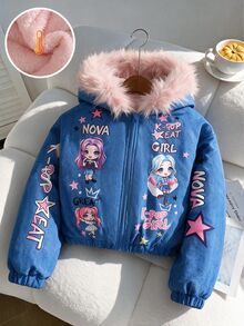 SHEIN 青少年女孩藍色冬季夾克 抓絨內裡連帽衫 K-Pop卡通圖案人造毛連帽背心 保暖寒冷天氣穿搭 - 藍色 - 查看 3