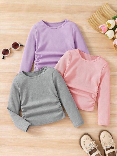 SHEIN Young Girls Casual Knitted Young Girl Young Girl Elastic Long Sleeve Tops Pieces,Solid Color Heart Shirts For Summer,School,Back-To-School & Christmas Pcs