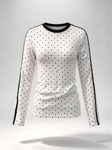 SHEIN 青少年女孩白色圓點長袖修身圓領T恤上衣內搭衫，袖子側條紋設計，可愛休閒秋季節日正式款 - 白色 - 查看 5