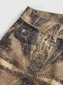 ROMWE Hippie Vintage Leopard & Floral Print Y2K Fitted Denim Mid-Length Pants - Multicolor - View 2