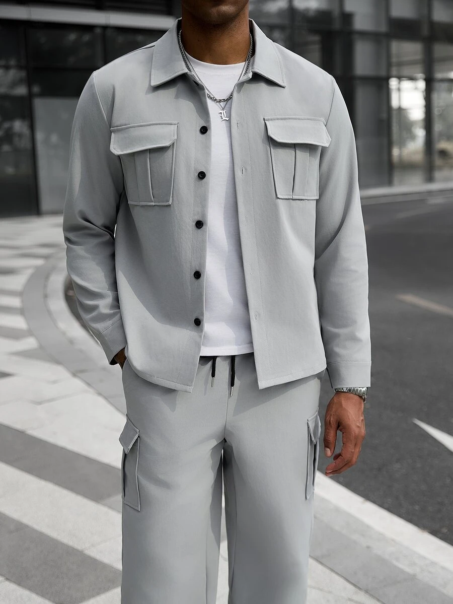 Manfinity CasualCool Men's Casual Solid Color Long Sleeve Utility Shirt & Pants Set, Fall Clothes - Grey - View 1