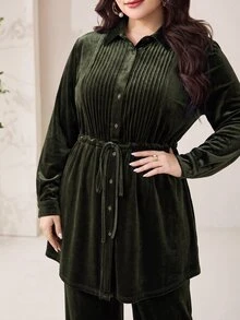 Modelyn Plus Size Women Solid Color Pleated Long Sleeve Top And Pants Casual Daily 2 Pieces Set - Olive Green - View 7