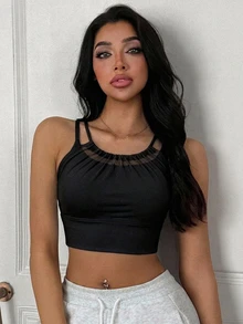 DAZY 女款網格拼接抓皺雙肩帶加墊純色微聚攏運動內衣 - 黑色 - 查看 3