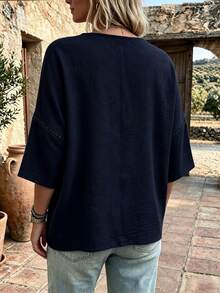 EMERY ROSE Plus Size Lady's Round-Neck Casual Resort Autumn Shirt - Navy Blue - View 2