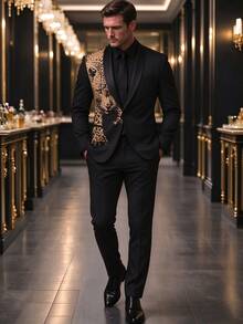 Manfinity AFTRDRK Men's Fashion Printed Single-Breasted Suit Jacket And Pants Set, For Parties And Performances, Formal Occasions, And Ceremonies - Black - View 5