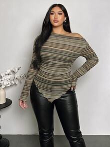 Firerie Plus Size Striped Asymmetric Shoulder Long Sleeve T-Shirt, Autumn/Winter - Multicolor - View 3