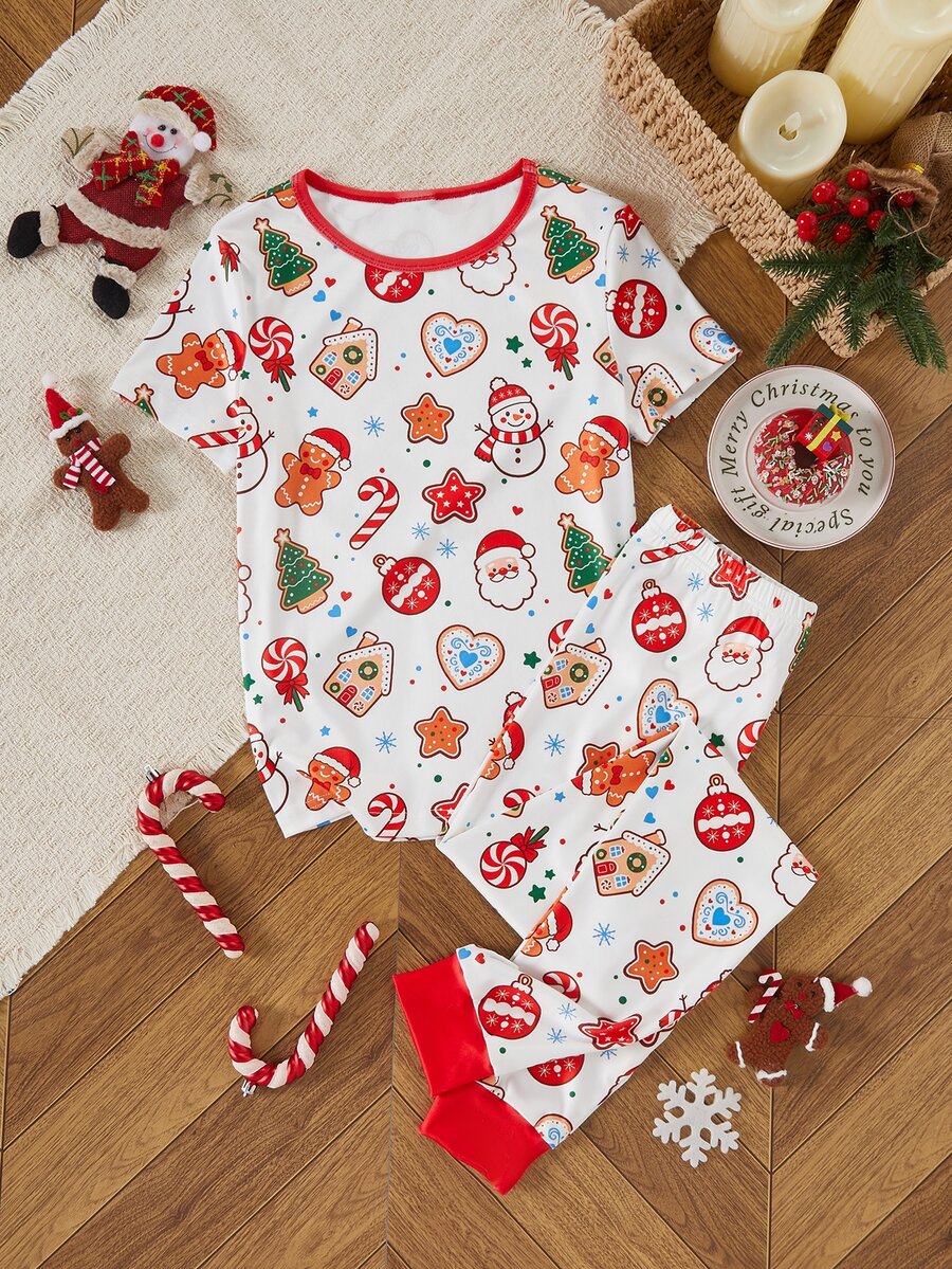 Teen Girl Autumn/Winter Pajamas 2pcs Snug Fit Short Sleeve Long Pants Christmas Girls - Multicolor - View 1
