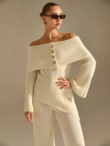 CLARA VERO Off Shoulder Palazzo Knit Set, Evening Or Dinner, Folded Neck, Flare Sleeve, Asymmetric Front - Cream - View 5